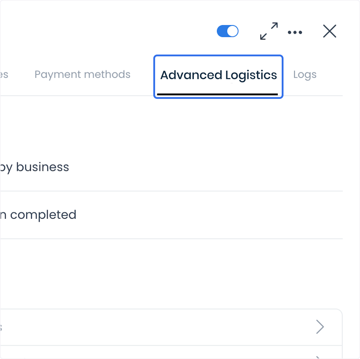 Pestaña Advanced logistics con opciones de activación por estado de entrega y secciones de configuración