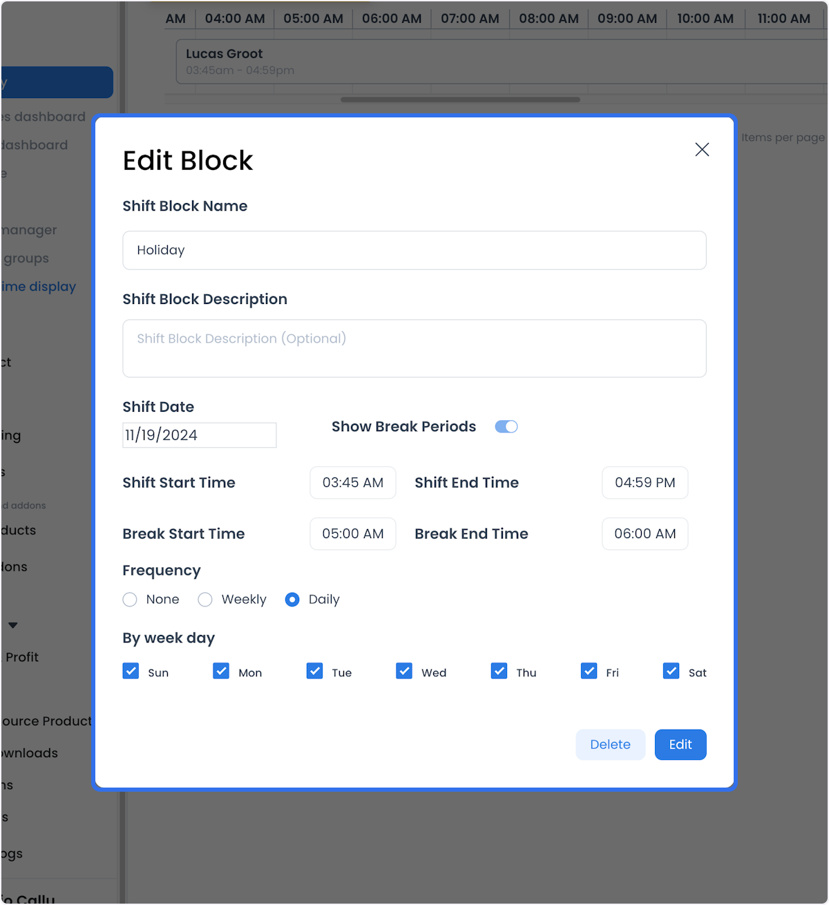 Formulario Edit Block abierto desde un horario configurado