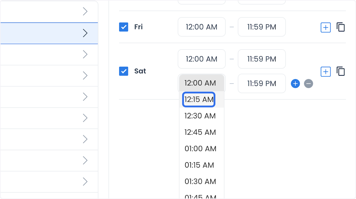 Time picker open for a Saturday opening time