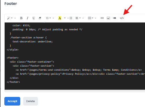 Footer Code View in the later editor layout