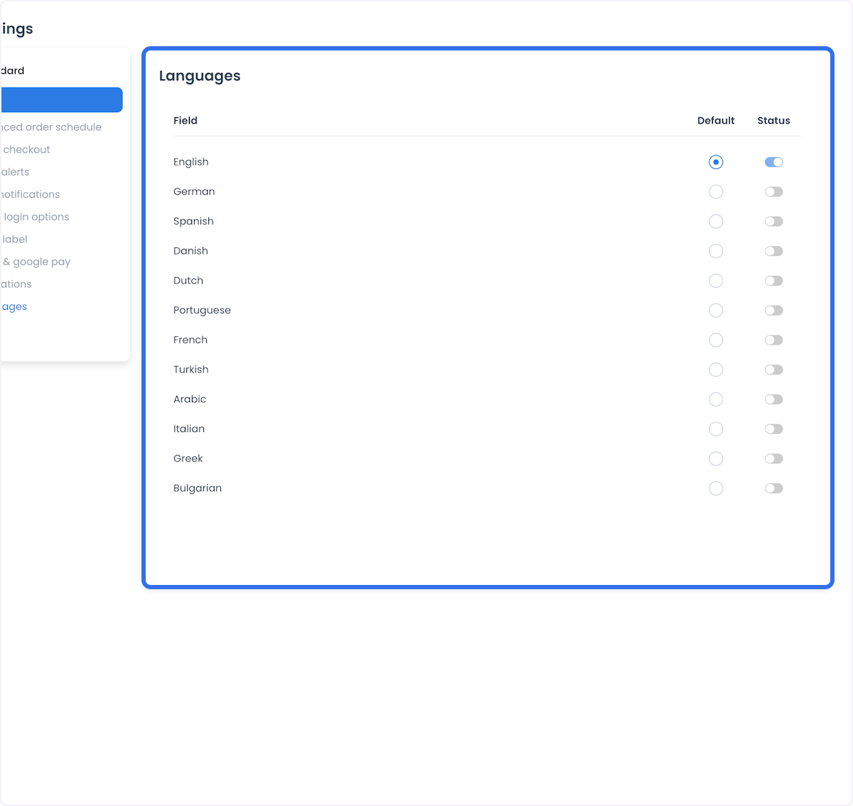 Tabla histórica Languages con columnas Field, Default y Status