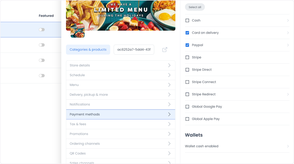 Payment methods panel showing available gateways