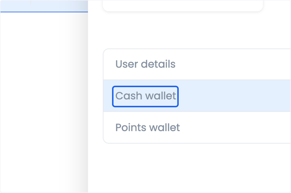 Menú de detalles del cliente con Cash wallet seleccionado
