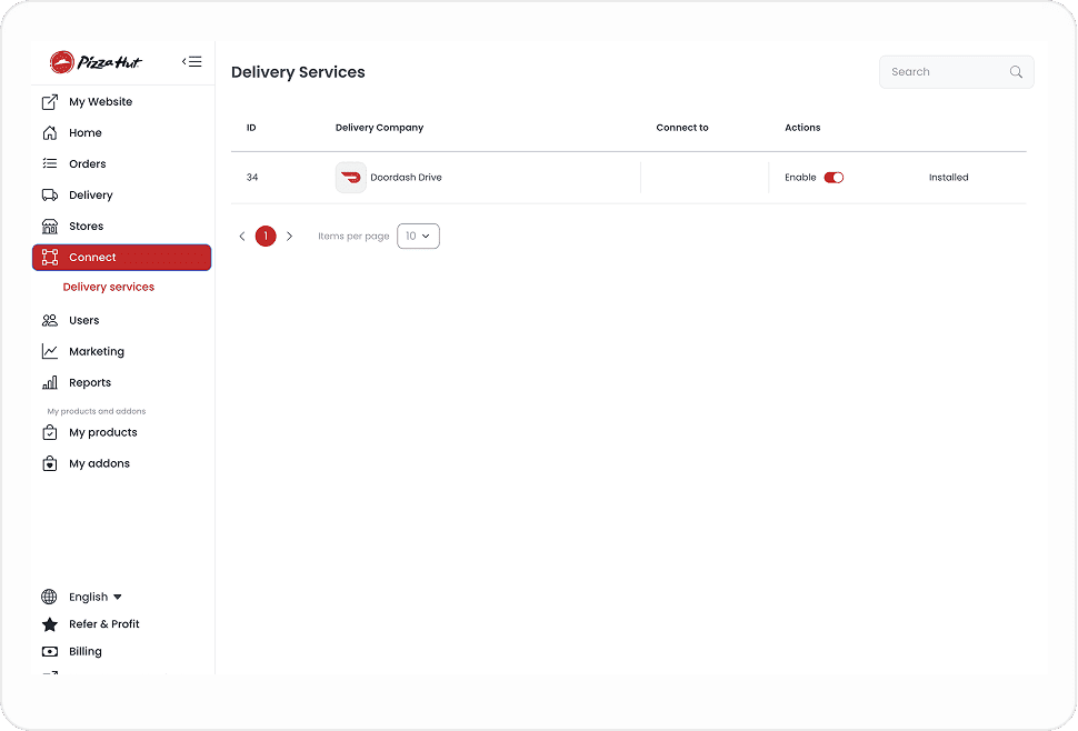 Navegación Connect con Delivery Services seleccionado