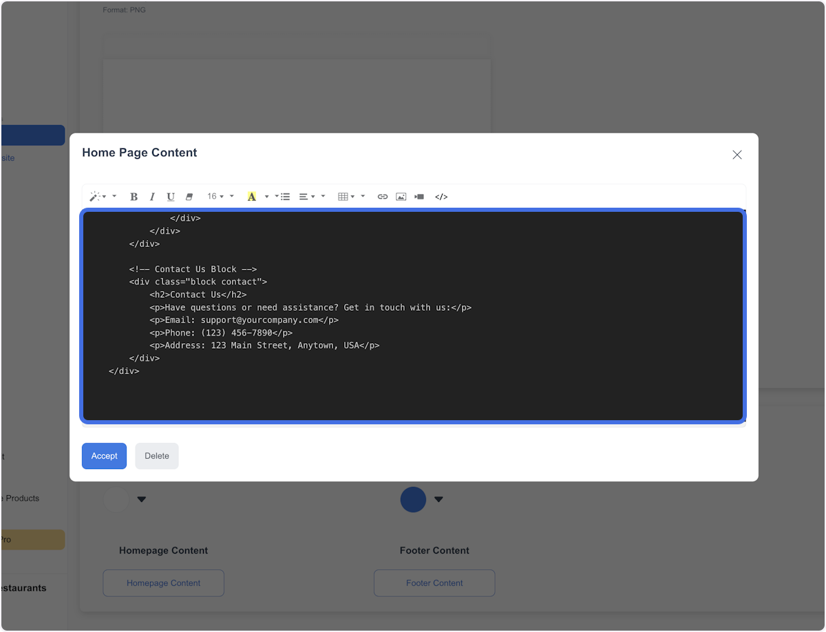 Content code area in the later homepage-content workflow