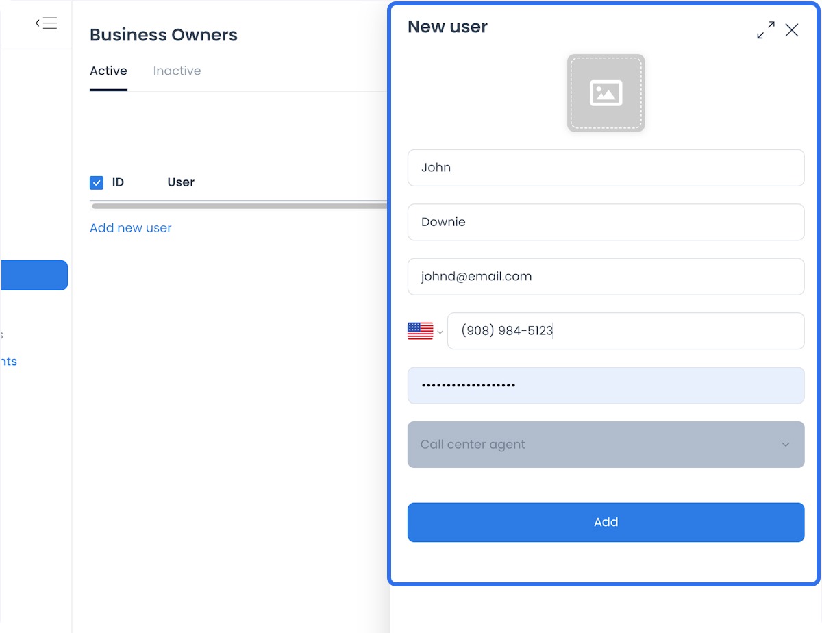Formulario capturado para usuario nuevo con campos de identidad y Call Center Agent