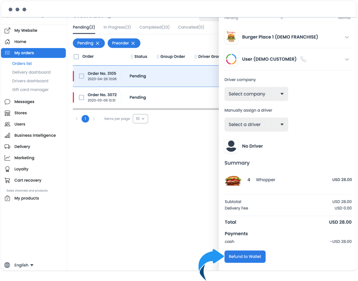 Order details with the Refund to Wallet control
