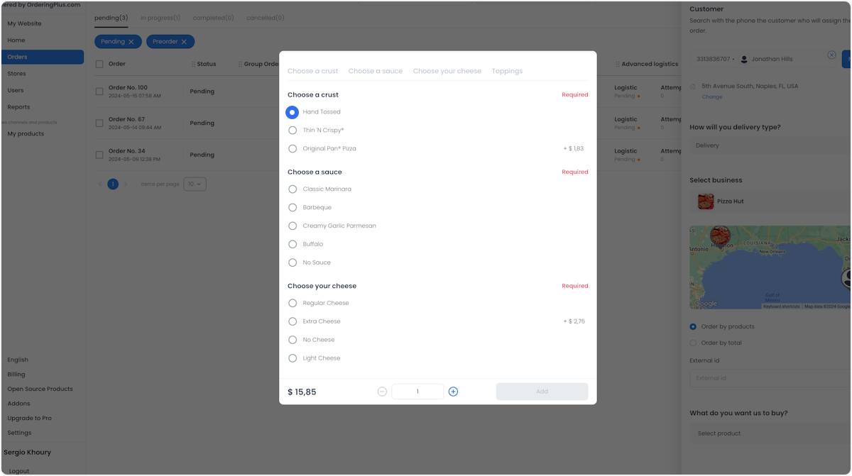 Requisitos de opciones de productos en Create custom order
