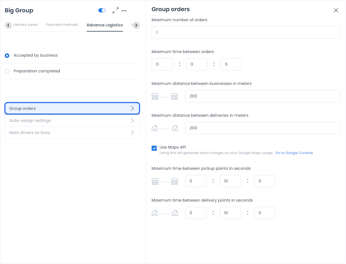 Panel de configuración Group orders