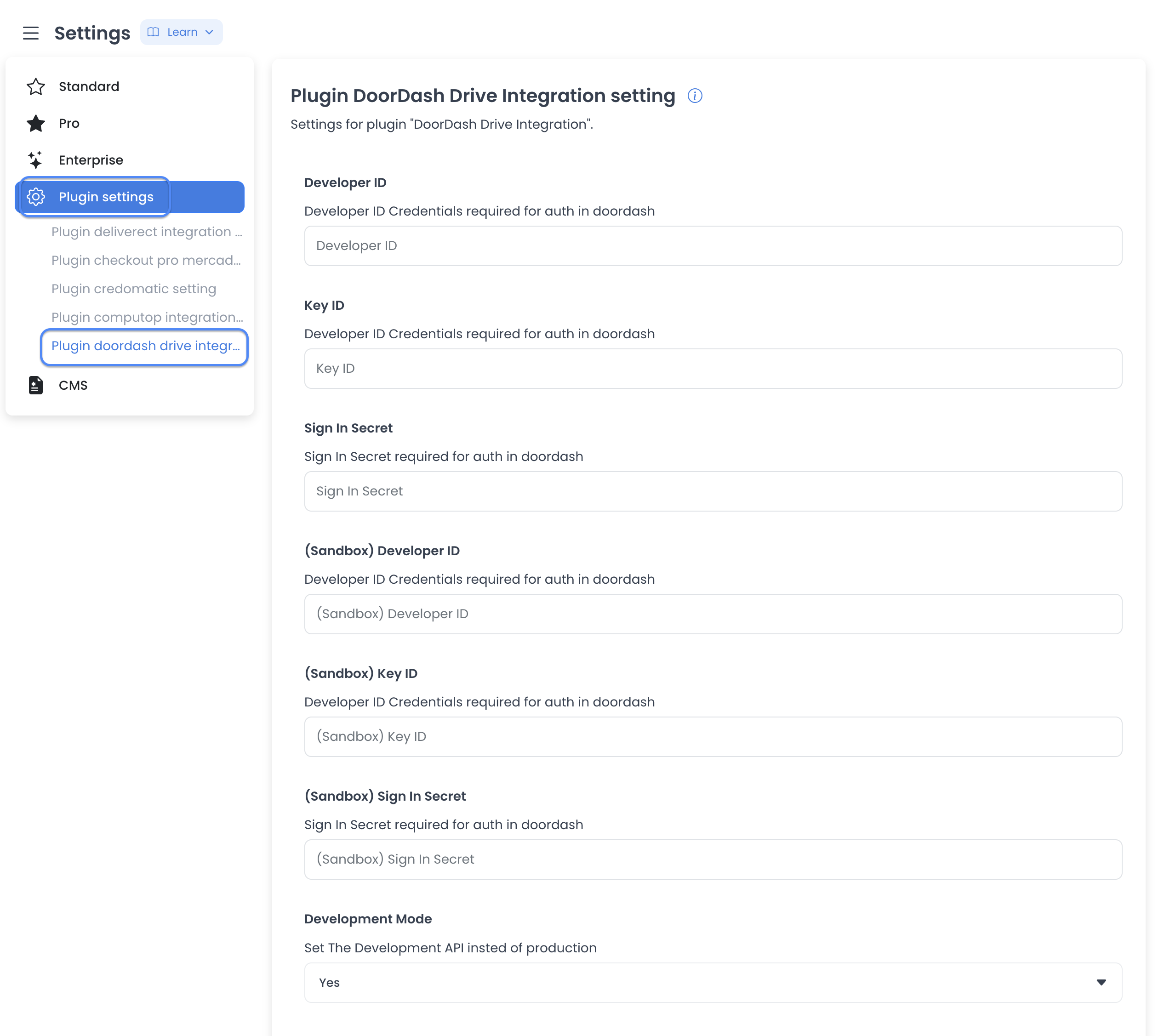 DoorDash plugin settings with credential fields
