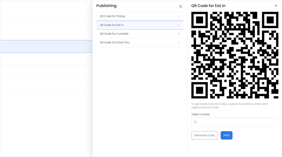 Generated QR code for Eat in at a specific table