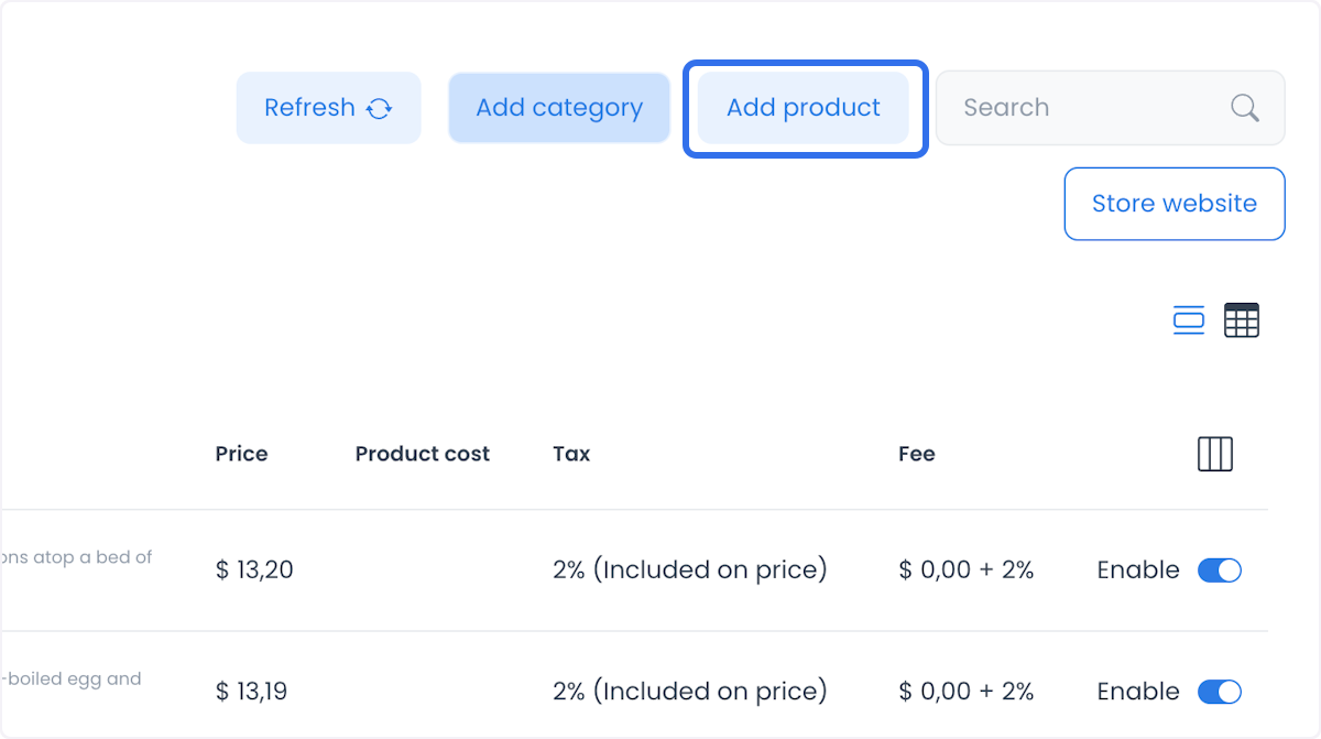 Campos de producto para descripción, precio, impuestos y cargos