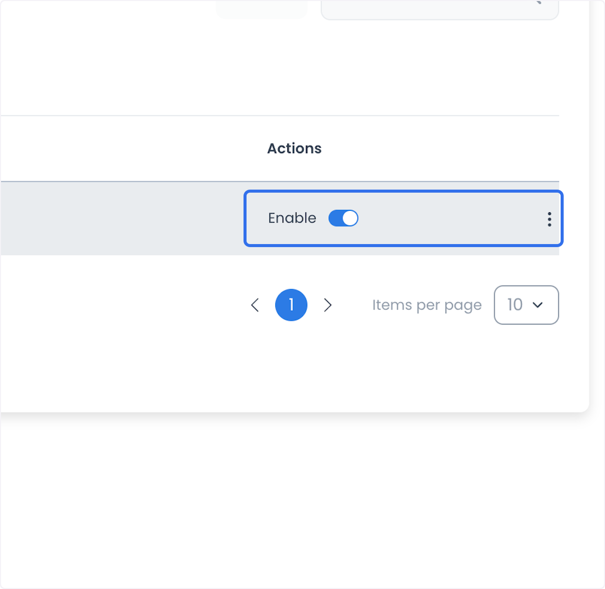 Interruptor Enable en la columna Actions de un país o ciudad