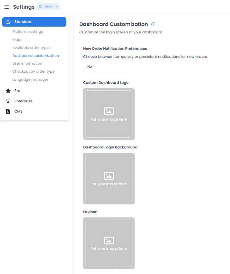 Dashboard Customization con controles de alerta de pedidos nuevos y recursos visuales