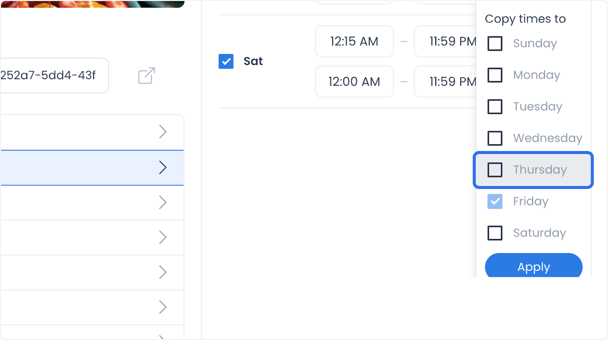 Copy times to panel with day checkboxes and Apply button