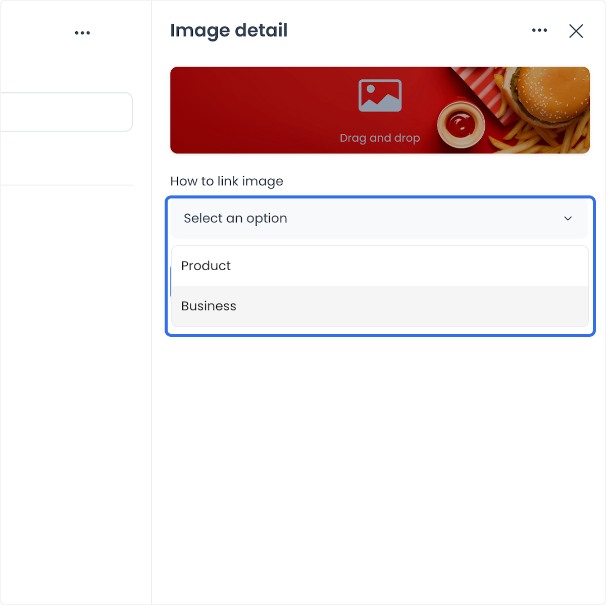 Selector de enlace de imagen con los tipos de destino Product y Business