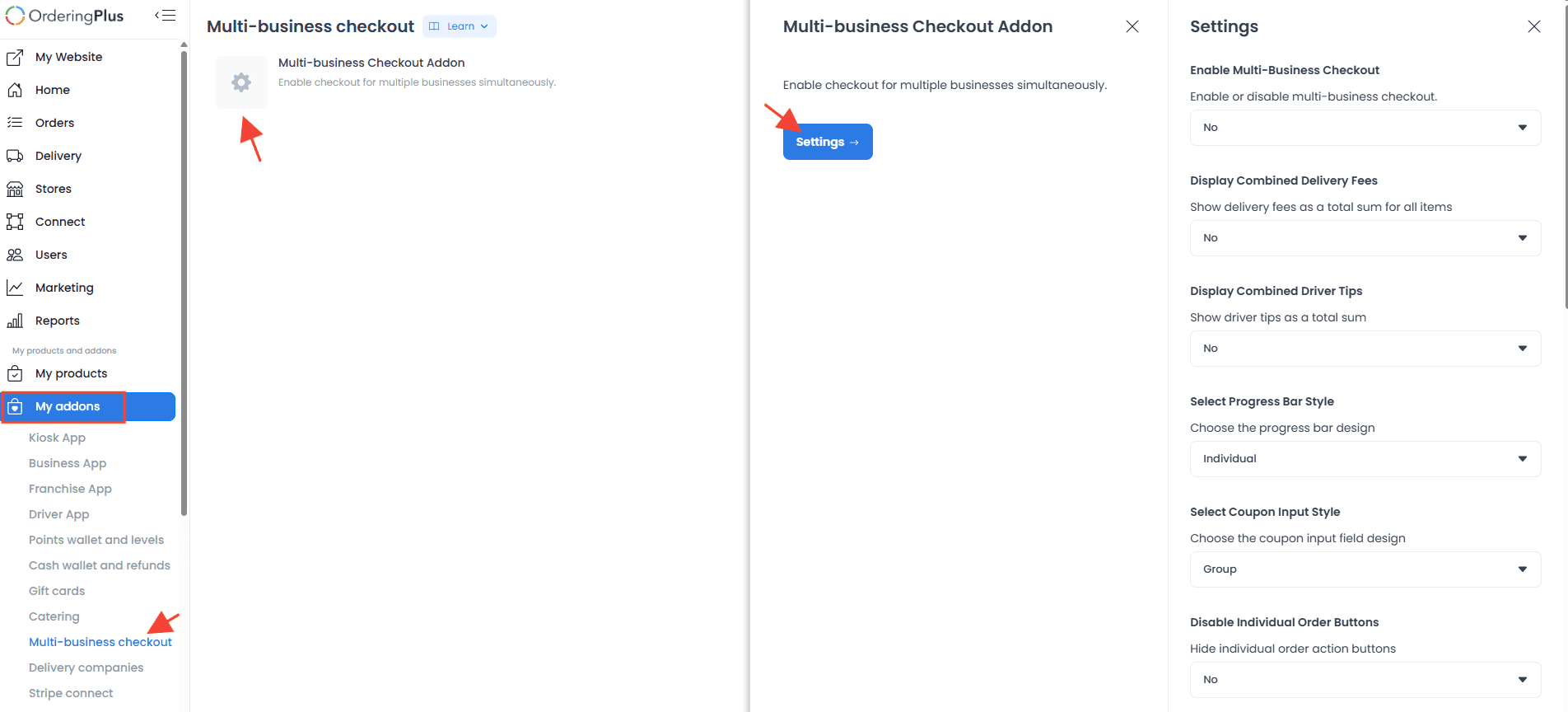 Navegación a complementos de Dashboard y opción de configuración de Multi-business checkout