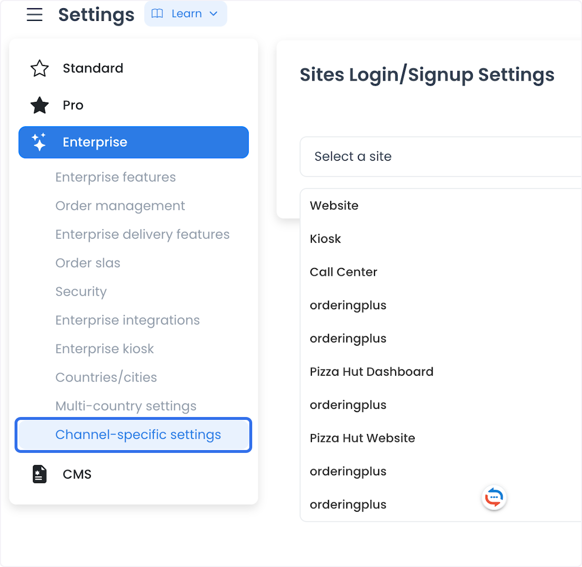 Selector histórico de Channel-specific settings con canales de ejemplo
