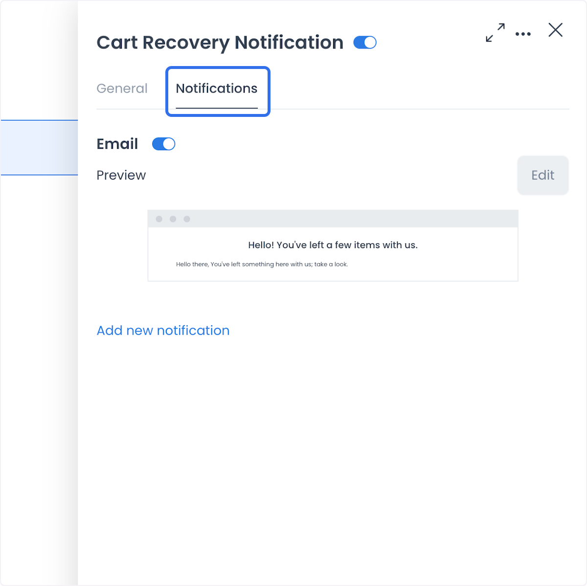 Pestaña Notifications de la acción de recuperación con una vista previa de correo