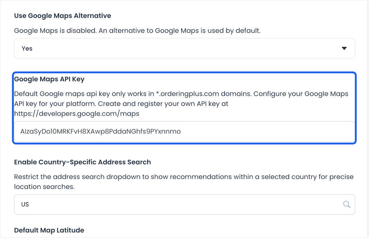 Campo Google Maps API Key en los ajustes Maps