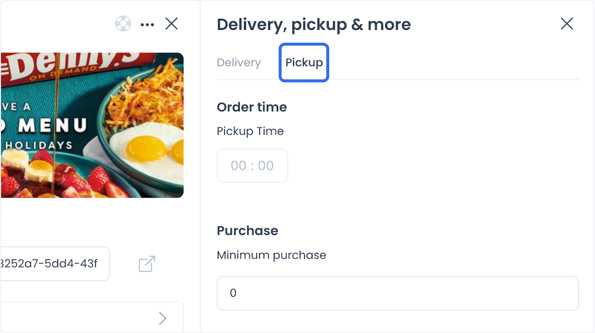 Pickup option in the delivery, pickup and more panel