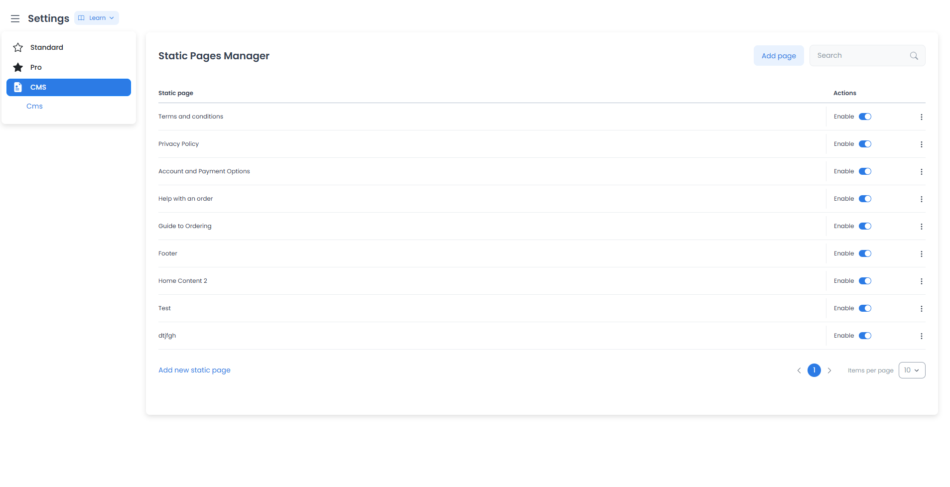 Static Pages Manager con filas de páginas, controles enable y menús de fila