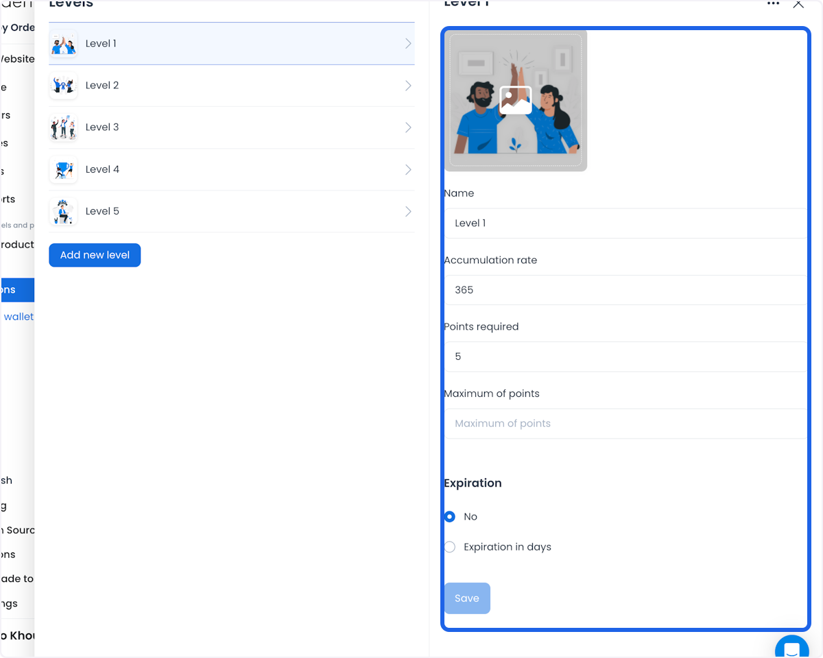 Loyalty level form with image, name, accumulation rate, points required, maximum, expiration, and Save controls