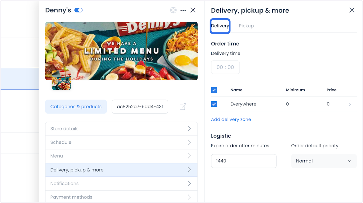 Delivery time field in the delivery, pickup and more panel
