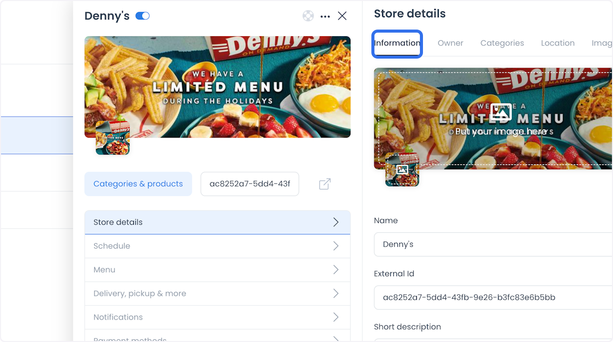 Pestaña Information con campos de nombre, External ID, descripción, teléfono y precios