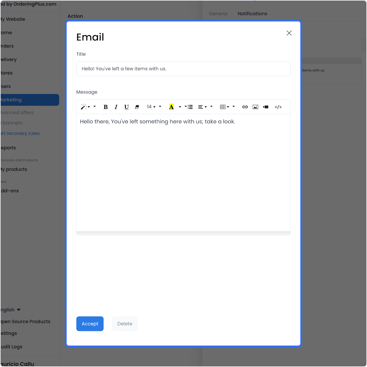 Editor de notificación de correo con campos de título y mensaje