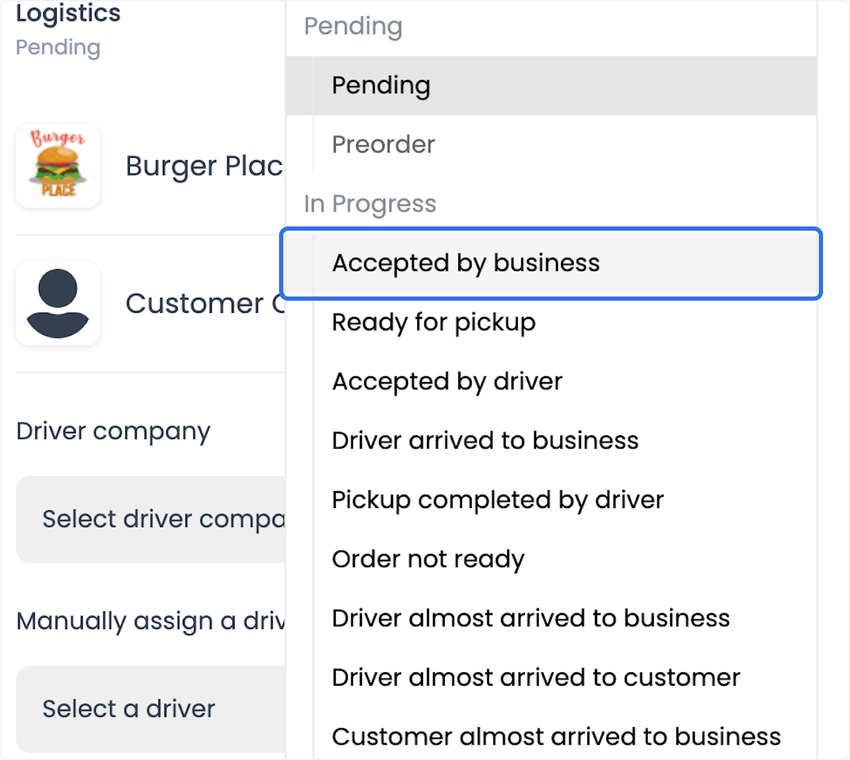 Order details with an Accepted by business status option