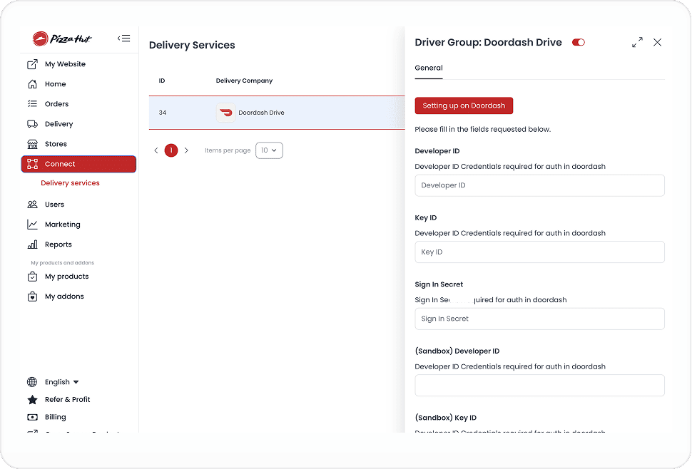 Panel de configuración del servicio de entrega con campos de credenciales del proveedor