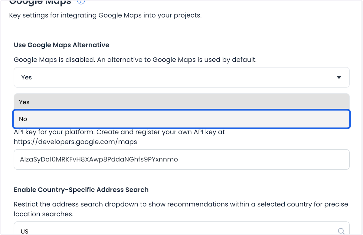 Interruptor Use Google Maps Alternative configurado en No