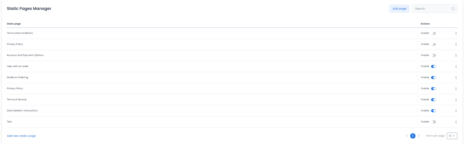 Static Pages manager list in CMS