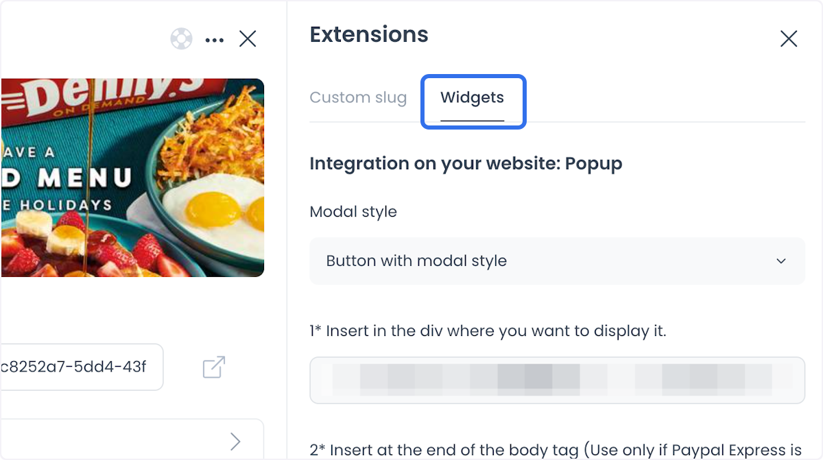 Widget configuration options in the ordering channels panel