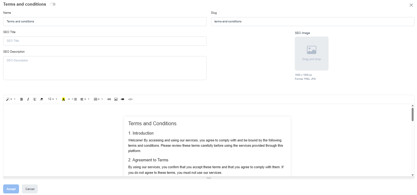 Static page editor with page metadata and content fields
