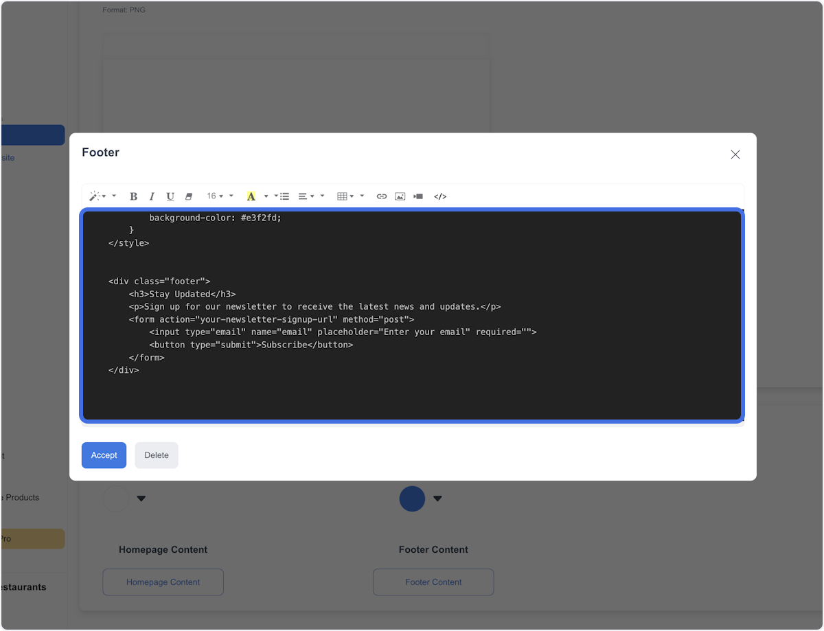 Footer content code area selected for editing