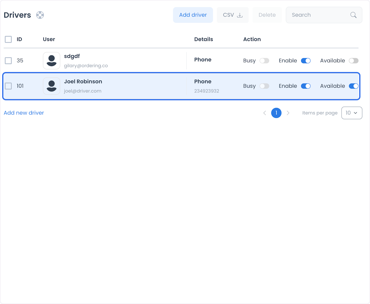 Registro de Driver seleccionado en Drivers