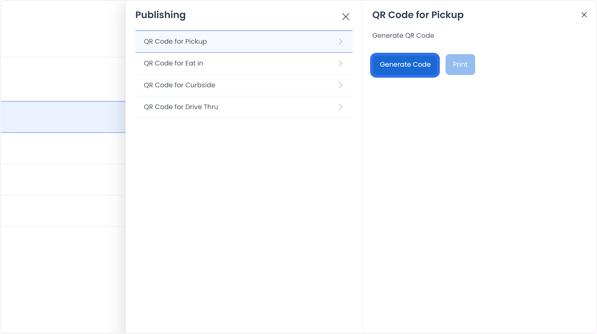 Generate Code button for the Pickup delivery type