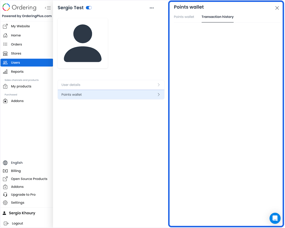 Customer points wallet transaction-history tab