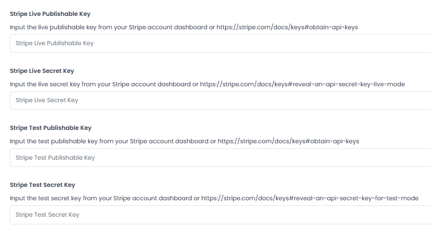 Close view of the four empty Stripe live and test key fields