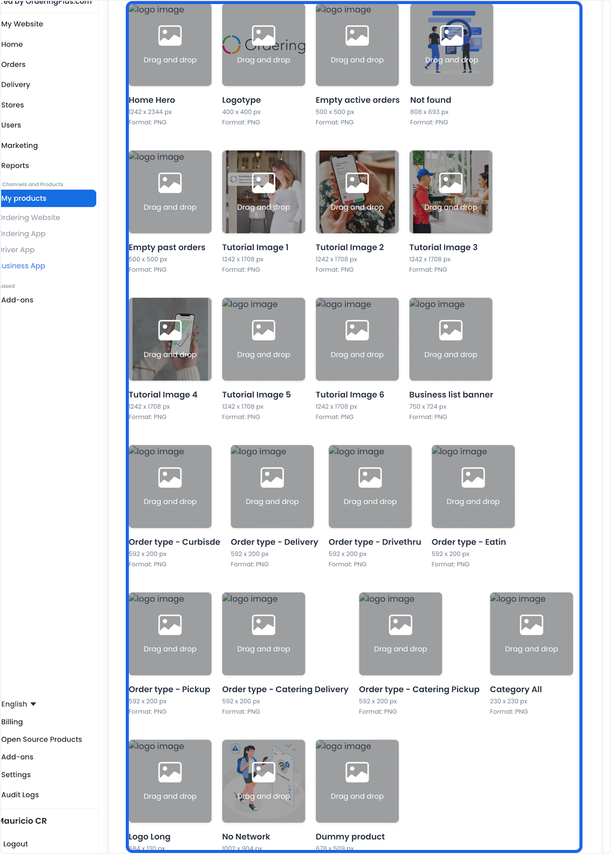 Campos para cargar imágenes de Business App