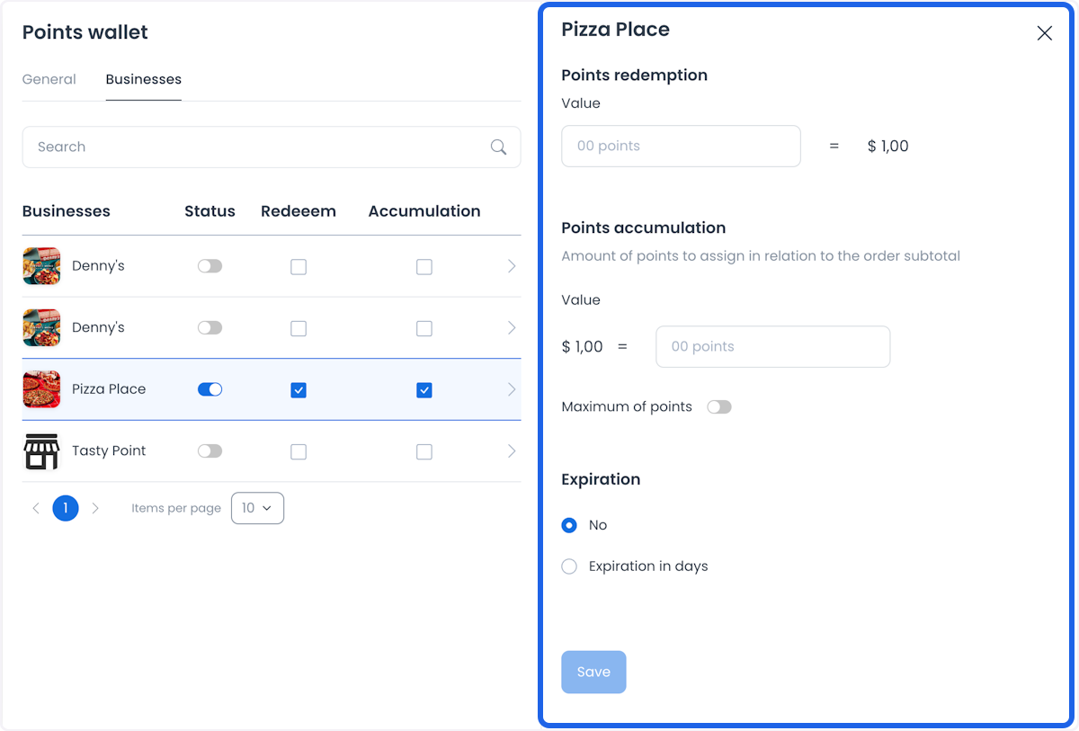 Business-specific points settings with redemption, accumulation, maximum, expiration, and Save controls