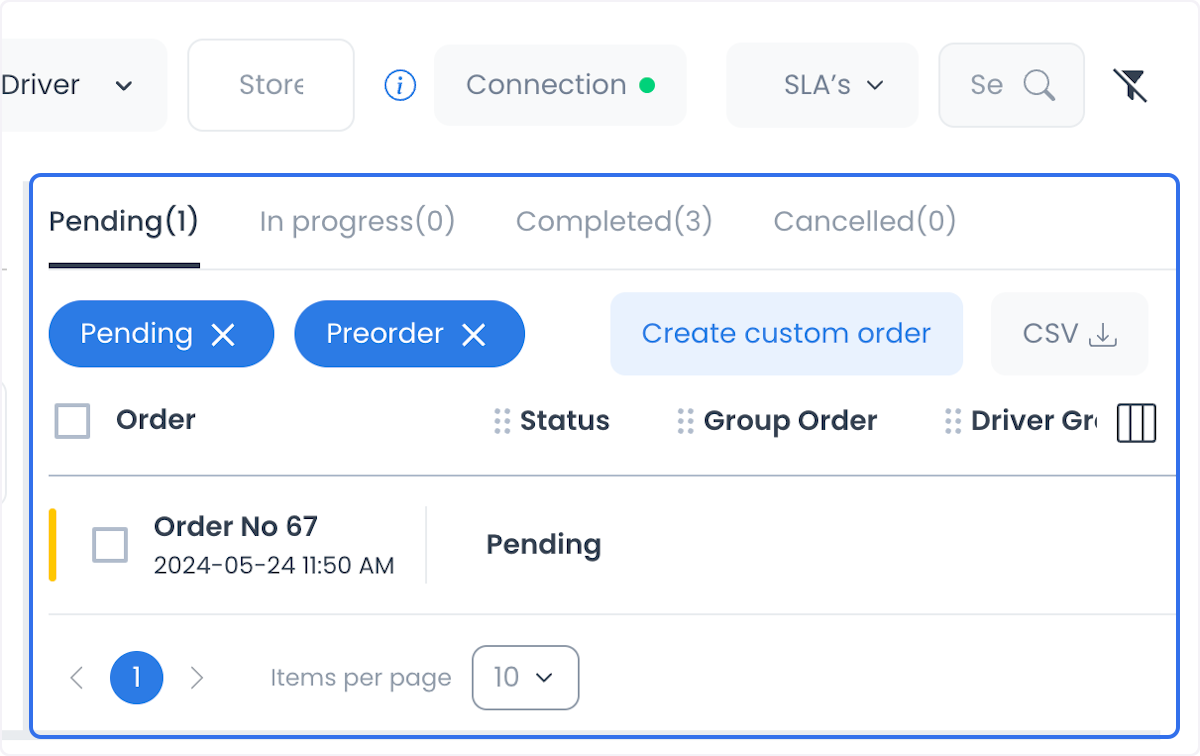 Espacio Orders con grupos de estado, filtros y control para crear un pedido personalizado