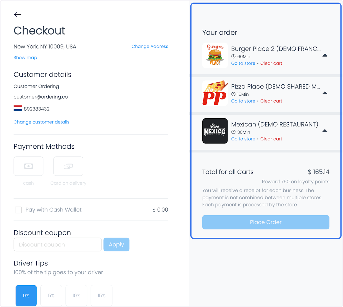 Diseño de checkout de varios negocios con secciones de cada negocio y una acción de grupo