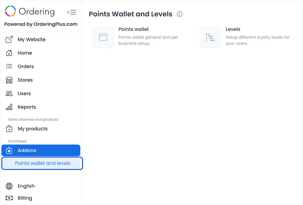 Navegación Addons con Points Wallet and Levels abierto