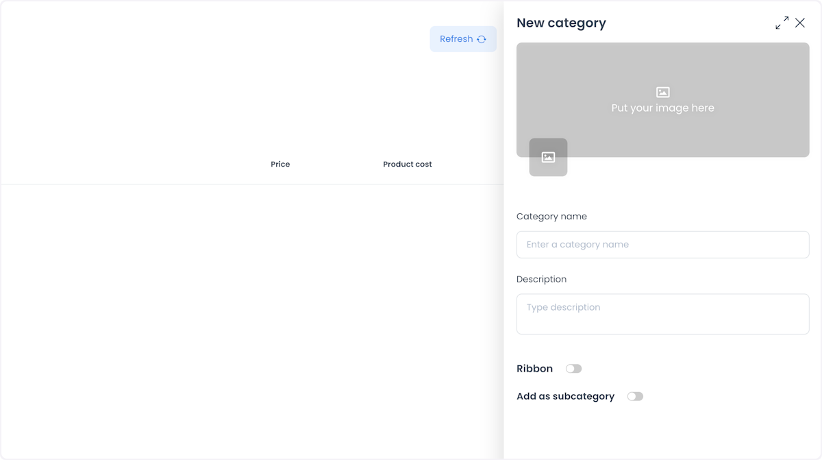 Category form with image, name, description, ribbon, and subcategory controls