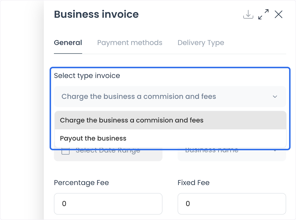 Business invoice General tab with invoice-type menu, date range, business selector, and fee fields