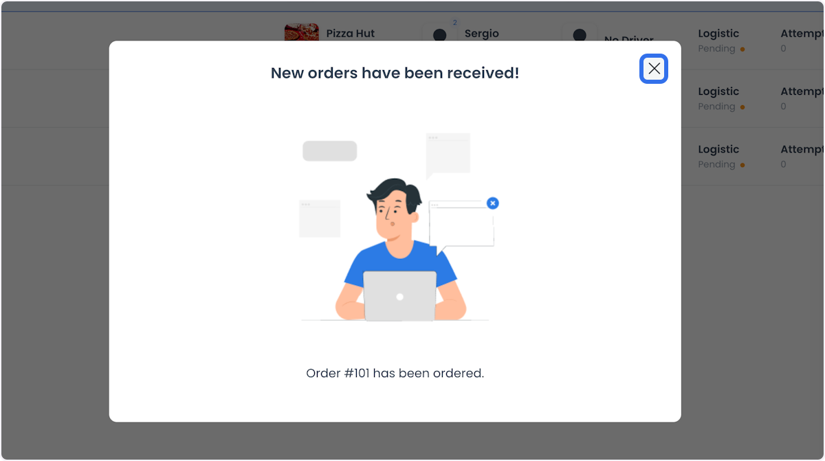 Cuadro de confirmación de pedido en Dashboard