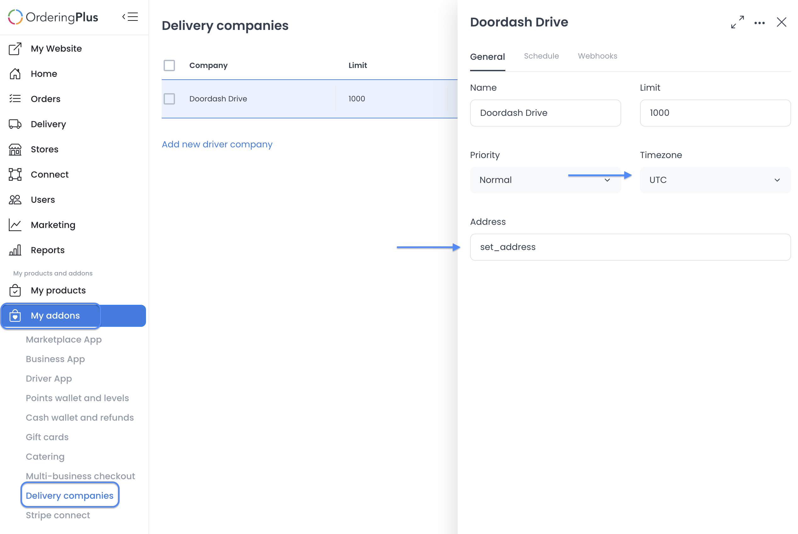 DoorDash delivery-company configuration with address and time-zone fields